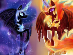 Size: 800x600 | Tagged: safe, artist:xjunexfandomsx, nightmare moon, nightmare star, g4, confrontation, female, magic, raised hoof, solo, xk-class end-of-the-world scenario