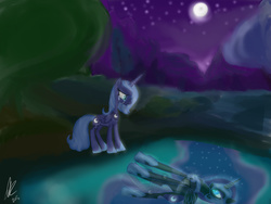 Size: 1400x1050 | Tagged: safe, artist:xjunexfandomsx, nightmare moon, princess luna, g4, crying, duality, lake, night, reflection, s1 luna, water