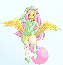 Size: 2834x2894 | Tagged: safe, artist:unousaya, fluttershy, pony, semi-anthro, g4, arm hooves, bipedal, butt wings, clothes, female, hat, high res, simple background, socks, solo, spread wings, thigh highs, uniform ribbon