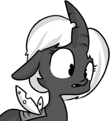 Size: 419x462 | Tagged: safe, artist:dsp2003, artist:tjpones edits, edit, oc, oc only, oc:dayree, changeling, changeling queen, changeling queen oc, female, monochrome, open mouth, simple background, transparent background, white changeling