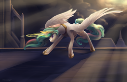 Size: 1600x1035 | Tagged: safe, artist:viwrastupr, princess celestia, alicorn, pony, g4, crepuscular rays, female, magic, solo