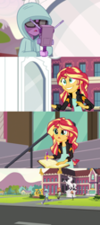 Size: 1920x4280 | Tagged: safe, edit, screencap, sci-twi, sunset shimmer, twilight sparkle, equestria girls, g4, my little pony equestria girls: friendship games, :d, canterlot high, clothes, creepy smile, hoodie, journey book, nope, pke meter, running, screencap comic, time travel