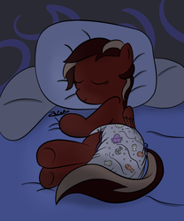 Size: 898x1077 | Tagged: safe, artist:zalakir, oc, oc only, oc:red treasure, pegasus, pony, bed, diaper, non-baby in diaper, poofy diaper, sleeping, solo