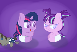 Size: 1245x840 | Tagged: safe, artist:vengefulstrudel, smarty pants, starlight glimmer, twilight sparkle, pony, g4, baby, baby pony, babylight glimmer, babylight sparkle, diaper, female, filly, filly starlight glimmer, filly twilight sparkle, foal, young, younger