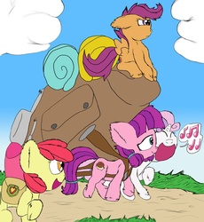 Size: 857x933 | Tagged: safe, artist:firefanatic, apple bloom, lily longsocks, scootaloo, sweetie belle, earth pony, pegasus, pony, unicorn, g4, adorabloom, adorasocks, background pony, backpack, cute, cutealoo, cutie mark crusaders, diasweetes, earth pony magic, female, filly, fluffy, lilydorable, magic, music notes, saddle bag, singing, strong, super strength