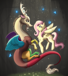 Size: 1782x2000 | Tagged: dead source, safe, artist:miss-cats, discord, fluttershy, butterfly, g4, female, male, ship:discoshy, shipping, straight