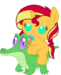 Size: 786x967 | Tagged: safe, artist:red4567, gummy, sunset shimmer, pony, unicorn, g4, baby, baby pony, babyset shimmer, cute, female, pacifier, ponies riding gators, recolor, riding, shimmerbetes, sunset shimmer riding gummy, weapons-grade cute