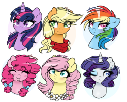 Size: 5000x4000 | Tagged: safe, artist:dreamyeevee, applejack, fluttershy, pinkie pie, rainbow dash, rarity, twilight sparkle, g4, absurd resolution, alternate hairstyle, bandana, blushing, braid, eyes closed, flower, hair bow, mane six, pigtails, smiling, tongue out, wink