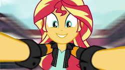 Size: 672x378 | Tagged: safe, edit, sunset shimmer, equestria girls, g4, my little pony equestria girls: friendship games, cute, daaaaaaaaaaaw, grin, happy, inverted mouth, motion blur, shimmerbetes, smiling, sunedge shimmer