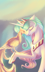 Size: 1200x1920 | Tagged: safe, artist:vezar56, philomena, princess celestia, alicorn, phoenix, pony, g4, boop, eyes closed, noseboop, portrait