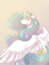 Size: 1500x2000 | Tagged: safe, artist:vezar56, princess celestia, alicorn, pony, g4, female, floppy ears, frown, glare, gradient background, haughty, lidded eyes, looking at you, looking back, looking back at you, portrait, profile, solo, spread wings