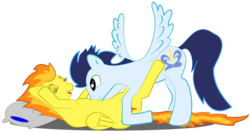 Size: 4000x2140 | Tagged: safe, artist:angina pectoris, soarin', spitfire, pony, g4, backwards cutie mark, female, laughing, male, pillow, ship:soarinfire, shipping, simple background, straight, tickling, transparent background, tummy buzz