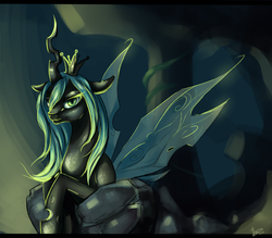Size: 1280x1120 | Tagged: safe, artist:vezar56, queen chrysalis, changeling, changeling queen, g4, cave, crown, female, jewelry, leaning, lidded eyes, looking at you, regalia, rock, smirk, solo