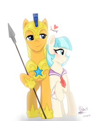 Size: 600x777 | Tagged: safe, artist:h0mi3, coco pommel, flash sentry, earth pony, pony, g4, armor, blushing, cocosentry, crack shipping, female, heart, male, mare, shipping, spear, stallion, straight, weapon