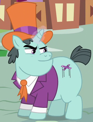 Size: 382x499 | Tagged: safe, screencap, claude, pony, unicorn, g4, inspiration manifestation, clothes, cropped, fat, hat, male, solo, stallion, suit, top hat