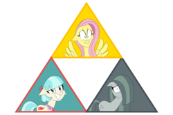 Size: 2700x1800 | Tagged: safe, artist:mofetafrombrooklyn, coco pommel, fluttershy, marble pie, g4, cocobetes, cute, marblebetes, the council of shy ponies, the legend of zelda, triforce