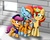 Size: 2500x2000 | Tagged: safe, artist:iamoctopii, rainbow dash, scootaloo, sunset shimmer, pony, unicorn, g4, abuse, bound wings, bridle, chains, clothes, dashabuse, high res, police uniform, prison, prison outfit, prisoner, prisoner rd, shackles, telekinesis, trio