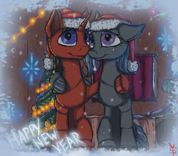 Size: 1129x987 | Tagged: safe, artist:yahmos, oc, oc only, earth pony, pony, unicorn, celebration, christmas, christmas tree, hat, new year, santa hat, tree