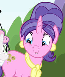 Size: 330x389 | Tagged: safe, screencap, cookie crumbles, sweetie belle, pony, unicorn, g4, inspiration manifestation, cropped, ear piercing, earring, female, jewelry, mare, neckerchief, piercing, solo focus