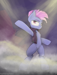 Size: 1280x1672 | Tagged: safe, artist:blvckmagic, limelight, pony, g4, the mane attraction, backup dancers, bipedal, clothes, fog, leather jacket, smoke, solo
