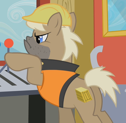 Size: 628x613 | Tagged: safe, screencap, crafty crate, earth pony, pony, g4, the mysterious mare do well, animation error, background pony, clothes, hard hat, hat, male, solo, stallion, wingless