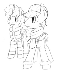 Size: 1280x1634 | Tagged: dead source, safe, artist:vulapa, double diamond, party favor, earth pony, pony, unicorn, g4, clothes, duo, hat, jacket, male, monochrome, open mouth, scarf, sketch, stallion