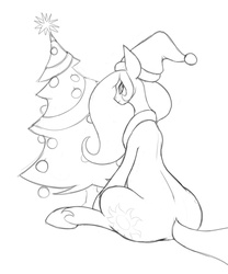 Size: 1280x1540 | Tagged: safe, artist:vulapa, princess celestia, pony, g4, butt, christmas tree, female, hat, looking back, mare, missing horn, monochrome, plot, santa hat, sitting, sketch, solo, tree, wingless