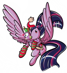 Size: 1188x1280 | Tagged: safe, artist:gifanon, spike, twilight sparkle, alicorn, pony, g4, christmas, clothes, female, hat, mare, santa hat, socks, spread wings, striped socks, twilight sparkle (alicorn)