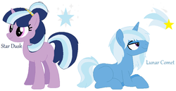 Size: 812x418 | Tagged: safe, artist:kombatlegend, oc, oc only, oc:lunar comet, oc:star dusk, cutie mark, magical lesbian spawn, offspring, parent:trixie, parent:twilight sparkle, parents:twixie