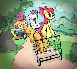 Size: 842x750 | Tagged: safe, artist:gsphere, apple bloom, scootaloo, sweetie belle, g4, camera, cutie mark crusaders, jackass, shopping cart, this will end in pain, this will end in tears and/or death and/or covered in tree sap, video camera