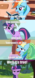 Size: 891x1989 | Tagged: safe, rainbow dash, twilight sparkle, g4, the lost treasure of griffonstone, book, golden oaks library, grumpy, grumpy twilight, i had an accident, manebow sparkle, screencap comic, spongebob squarepants, the grouchy squidward