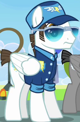 Size: 229x351 | Tagged: safe, screencap, fast clip, manerick, pegasus, pony, g4, wonderbolts academy, background pony, clothes, cropped, hat, male, short tail, solo focus, stallion, sunglasses, uniform