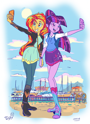 Size: 663x912 | Tagged: safe, artist:jowyb, sunset shimmer, twilight sparkle, equestria girls, g4, alternate hairstyle, cellphone, clothes, female, harbor, holding hands, lesbian, open mouth, phone, selfie, ship:sunsetsparkle, shipping, smiling, yacht