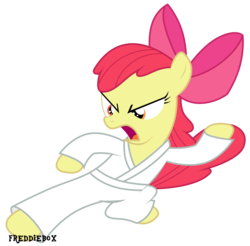Size: 3054x3000 | Tagged: safe, artist:brony-works, apple bloom, g4, clothes, female, gi, high res, karate, kick, martial arts, pants, robe, simple background, solo, transparent background, vector, white belt