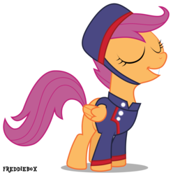 Size: 2972x3000 | Tagged: safe, artist:brony-works, scootaloo, pegasus, pony, family appreciation day, g4, cap, clothes, eyes closed, female, filly, foal, folded wings, hat, high res, scootagram, signature, simple background, solo, teeth, transparent background, vector, wings