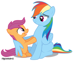 Size: 3604x3000 | Tagged: dead source, safe, artist:brony-works, rainbow dash, scootaloo, pegasus, pony, g4, female, filly, high res, lidded eyes, missing cutie mark, shadow, simple background, smiling, transparent background, vector, wip