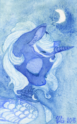 Size: 1009x1615 | Tagged: safe, artist:wolfiedrawie, princess luna, g4, female, s1 luna, solo, traditional art, watercolor painting, younger