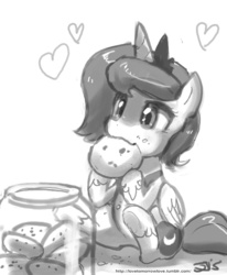 Size: 800x970 | Tagged: safe, artist:johnjoseco, princess luna, alicorn, pony, g4, cookie, cute, female, filly, food, grayscale, heart, hnnng, lunabetes, monochrome, solo, weapons-grade cute, woona