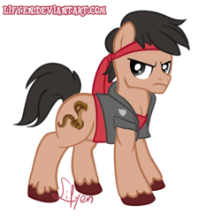 Size: 700x751 | Tagged: safe, artist:lifyen, pony, snake, angry, clothes, frown, headband, jacket, kung fury, police badge, ponified, simple background, solo, t-shirt, transparent background