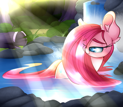 Size: 2500x2178 | Tagged: safe, artist:madacon, pinkie pie, earth pony, pony, g4, female, high res, looking back, mare, partially submerged, pond, solo, sun, sunlight, water, waterfall, wet