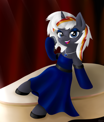 Size: 1200x1400 | Tagged: safe, artist:kruszynka25, oc, oc only, oc:velvet remedy, pony, fallout equestria, clothes, dress, musical instrument, necklace, piano, singing, solo