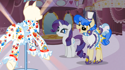 Size: 1366x768 | Tagged: safe, screencap, rarity, sapphire shores, a dog and pony show, g4, nudie suit