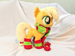 Size: 900x675 | Tagged: safe, artist:karasunezumi, applejack, earth pony, pony, g4, boots, clothes, female, filly, hatless, irl, missing accessory, photo, plushie, scarf, solo