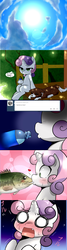 Size: 800x3000 | Tagged: safe, artist:starykrow, sweetie belle, winona, bass (fish), dog, fish, pony, unicorn, ask the cmc, g4, accidental kiss, awkward, blushing, comic, female, filly, fish fetish, foal, kissing, kissy face, maybe salmon, shocked, sweetiebass, tumblr, vertigo, wat, water bottle