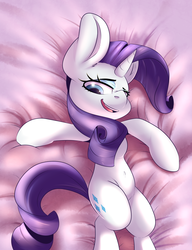 Size: 1280x1665 | Tagged: safe, artist:sourspot, rarity, g4, bed, belly button, female, impossibly large ears, solo