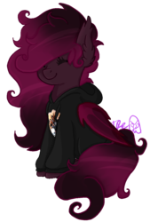 Size: 792x1169 | Tagged: safe, artist:ire, artist:spooky-kitteh, oc, oc only, oc:strawberry swisher, bat pony, pony, clothes, cute, eyes closed, hoodie, jackass, simple background, sitting, smiling, sweater, transparent background