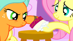 Size: 550x310 | Tagged: safe, screencap, applejack, fluttershy, earth pony, pegasus, pony, g4, the best night ever, animated, female, hooficure, mare, sitting, spit, spitting