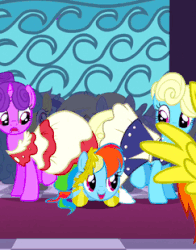 Size: 243x310 | Tagged: safe, screencap, eclair créme, lemon hearts, minuette, north star, rainbow dash, spitfire, pony, g4, the best night ever, animated, annoyed, clothes, cute, dashabetes, dress, female, frown, gala dress, glare, grand galloping gala, happy, hopping, jumping, open mouth, raised hoof, smiling, spread wings