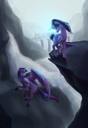 Size: 1024x1492 | Tagged: safe, artist:lyananyan, starlight glimmer, twilight sparkle, alicorn, pony, g4, female, fight, magic, mare, mountain, twilight sparkle (alicorn)