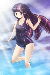 Size: 750x1125 | Tagged: safe, artist:lumineko, twilight sparkle, human, g4, armpits, breasts, clothes, commission, delicious flat chest, female, humanized, looking at you, ocean, one-piece swimsuit, peace sign, raised leg, school swimsuit, schoolgirl, sexy, smiling, solo, sukumizu, swimsuit, water, wet, younger